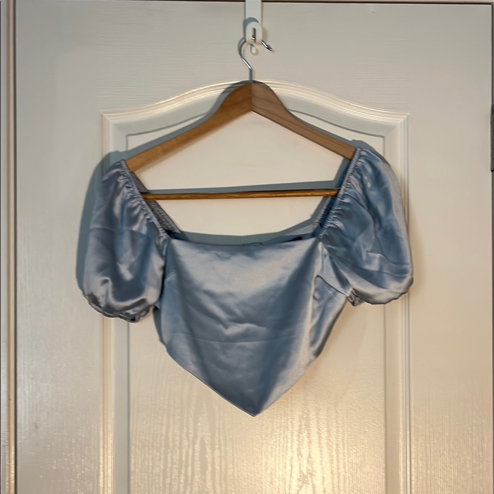 Forever 21 Blue Puff Sleeve Crop Blouse